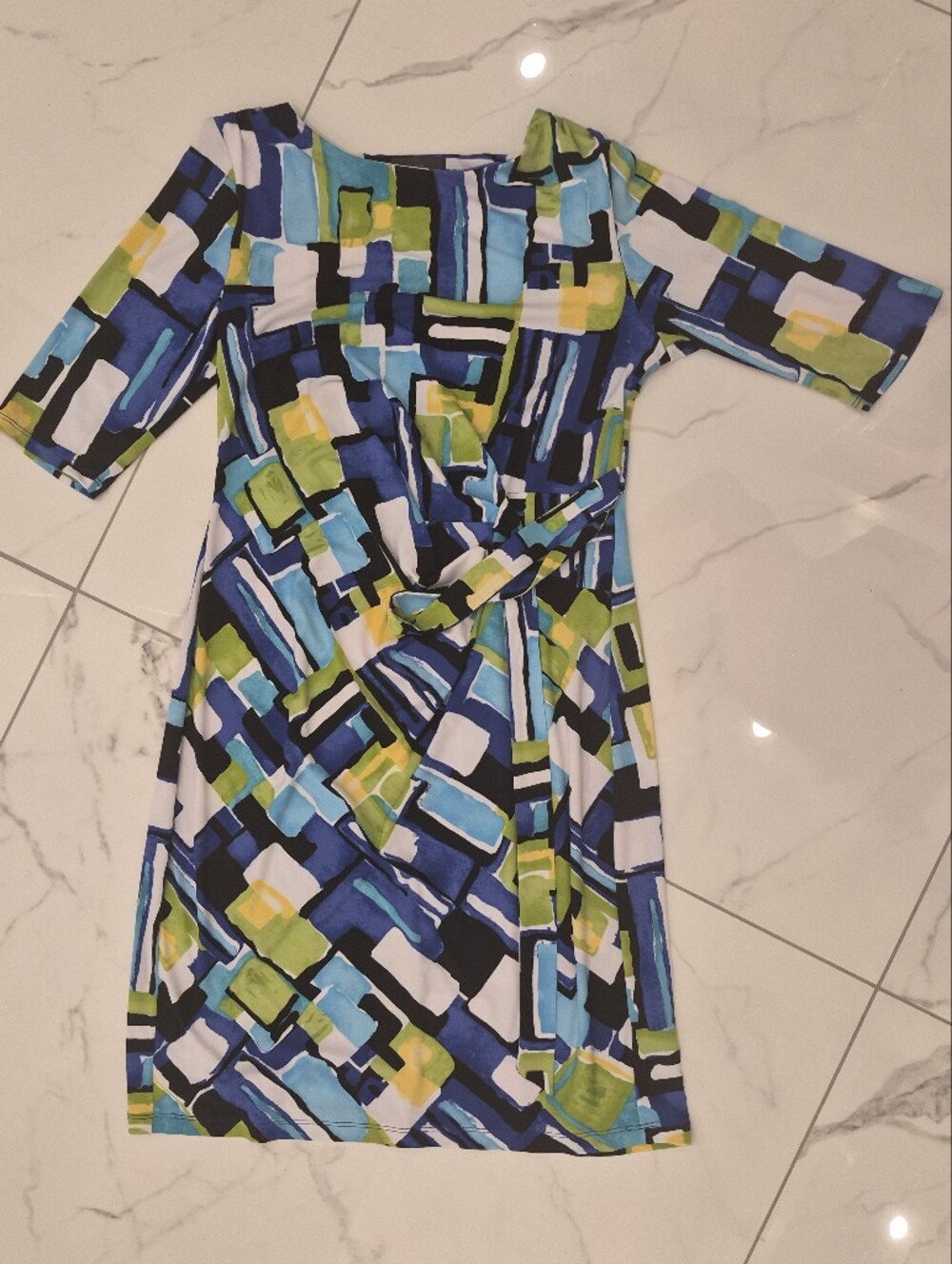 Kiara Geometric Wrap Dress in Blue, Green & White Nwot